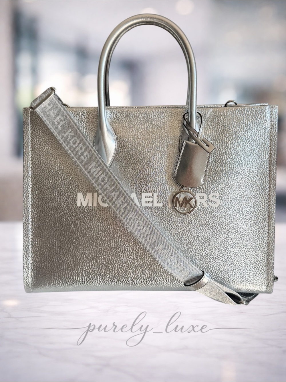 Michael Kors Scarlett Silver Metallic Pebbled Leather Tote with Logo Strap